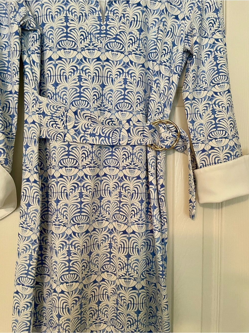J. McLaughlin Blue White Belted Shirt Dress 3/4 Sleeve Resort Preppy Size XS - Picture 2 of 8